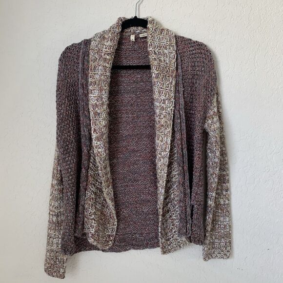 Anthropologie Moth Cardigan Sweater S Gray Tan Red Shimmer Knit Open Front Boho - Picture 1 of 10